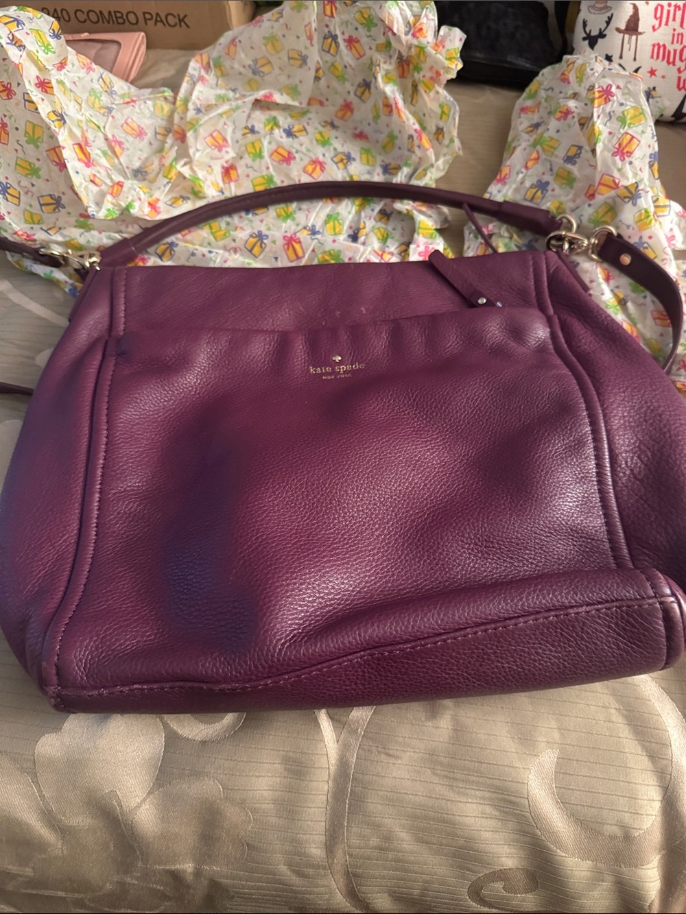 kate spade plum pebbled leather crossbody with gold logo